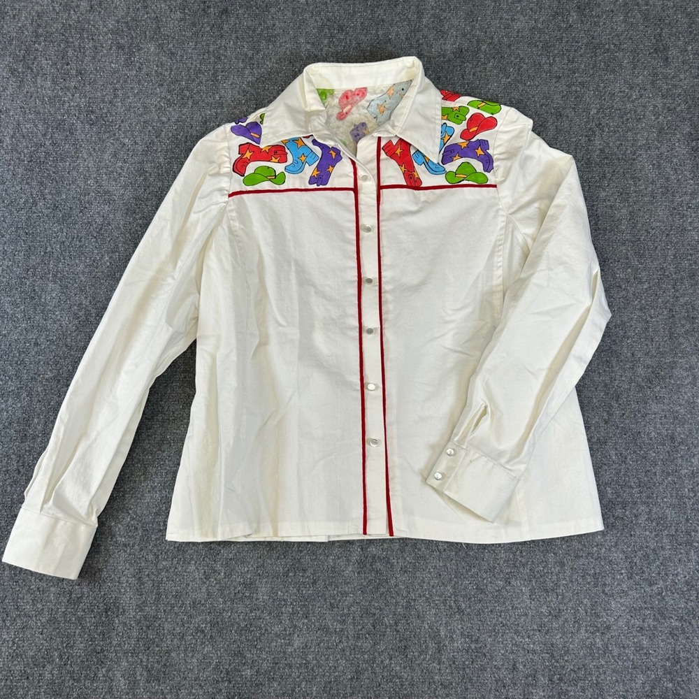 Vintage Style Western Button Up Shirt White Cowboy Boot Hat Graphic Print L